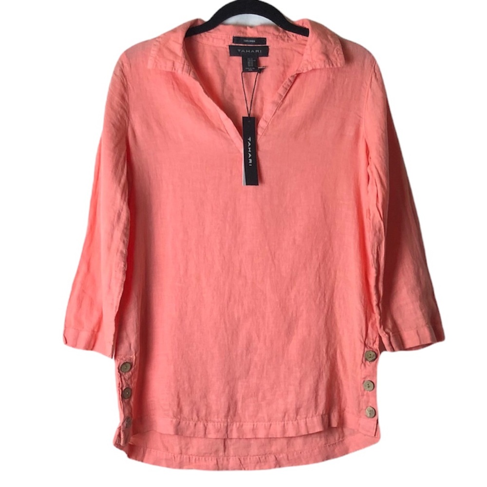 TAHARI Coral Peach 100% Linen 3/4 Sleeve Side Button Pullover Top Size XS NWT!